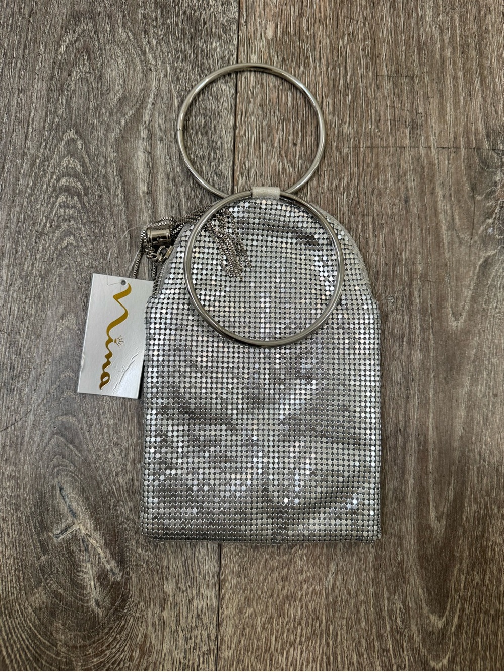 NWT - Nina Chandler Metallic Silver Mesh Ring-Handle Wristlet, clutch